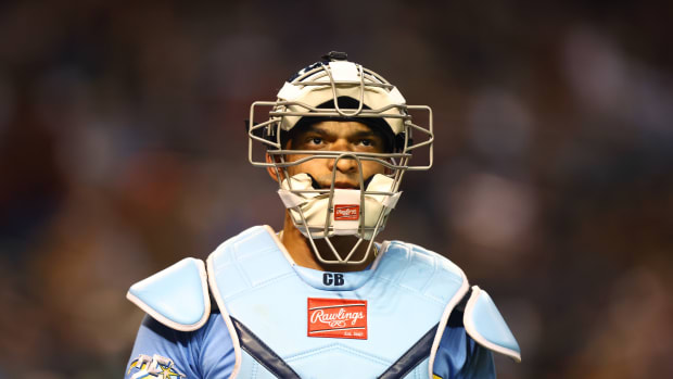 Jun 27, 2023; Phoenix, Arizona, USA; Tampa Bay Rays catcher Christian Bethancourt against the Arizona Diamondbacks at Chase Field. Mandatory Credit: Mark J. Rebilas-USA TODAY Sports